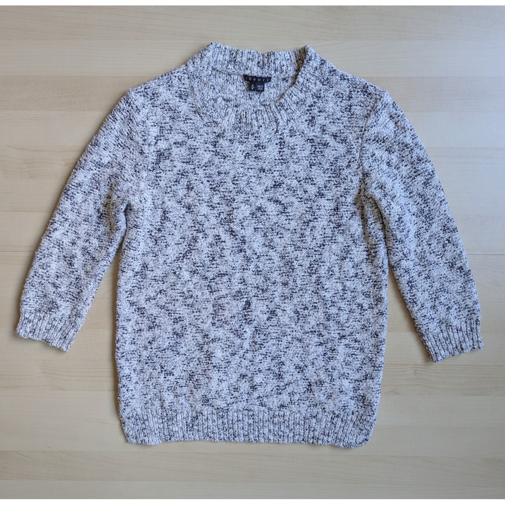 Vince 3/4 Sleeve Black White Cotton Sweater S Petite marled speckled crewneck